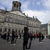 army of child soldier puppets designed by Claudia Hansen on the Dam Square in Amsterdam
