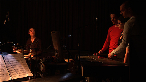 Claudia Hansen Roland Hegel and Marco Rollmann playing vibraphone at the Sensing City performance